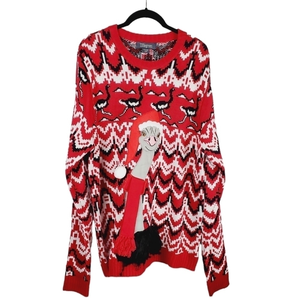 33 Degrees Mens Ugly Christmas Ostrich Scarf Holiday Knit Crewneck Sweater
